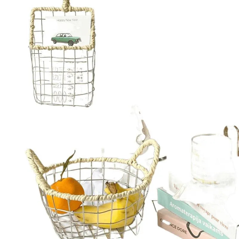 Nordic-style iron wire woven storage basket with open binaural weave design.