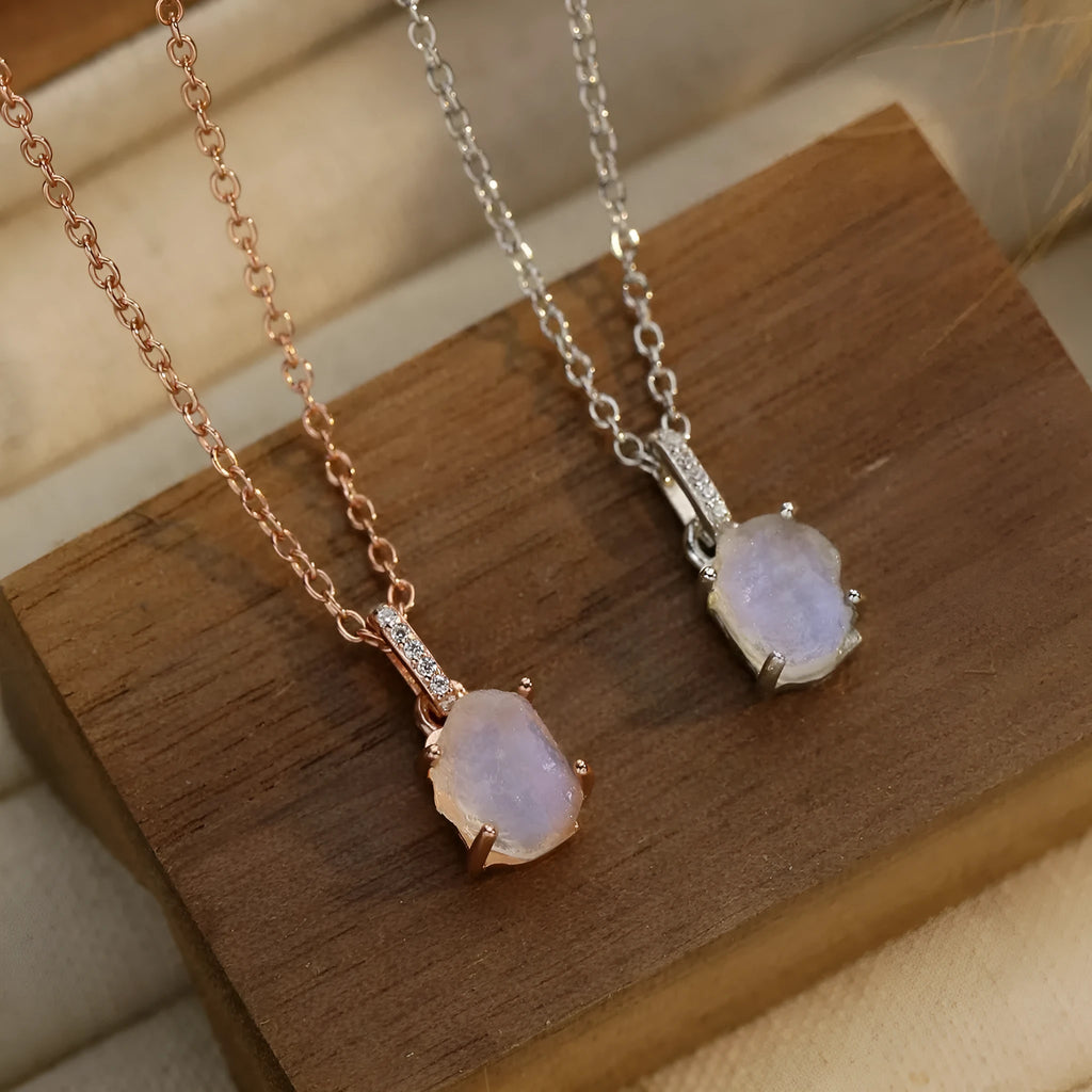S925 sterling silver geometric moonstone pendant necklace with adjustable curb chain in platinum or rose gold finish
