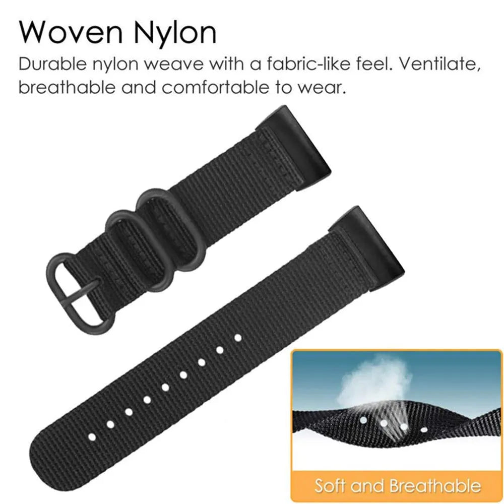 Army Green nylon three-ring buckle strap for Fitbit Charge 3 and Charge 4 fitness tracker.
