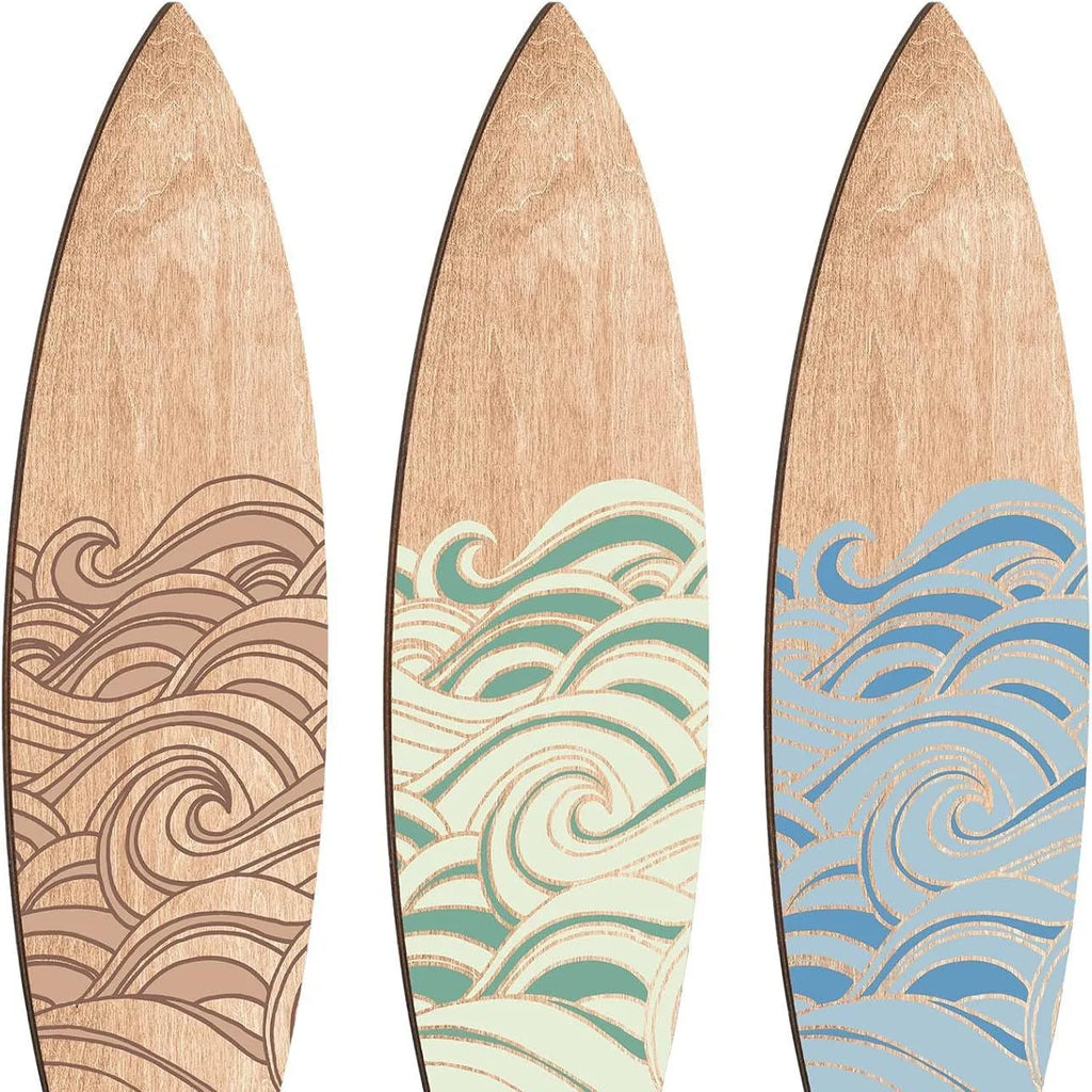 Three wooden surfboard wall decorations made from boxwood, each measuring 8.5cm wide by 30cm long
