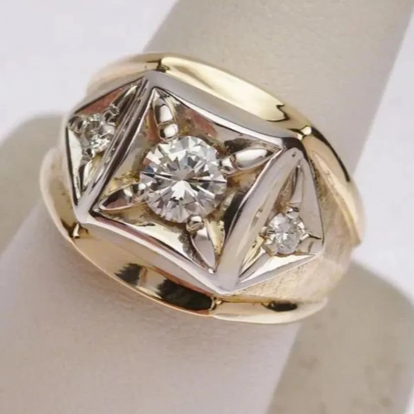 Gold geometric hollow couple rings with chamfering square pattern, copper construction with micro inlay details