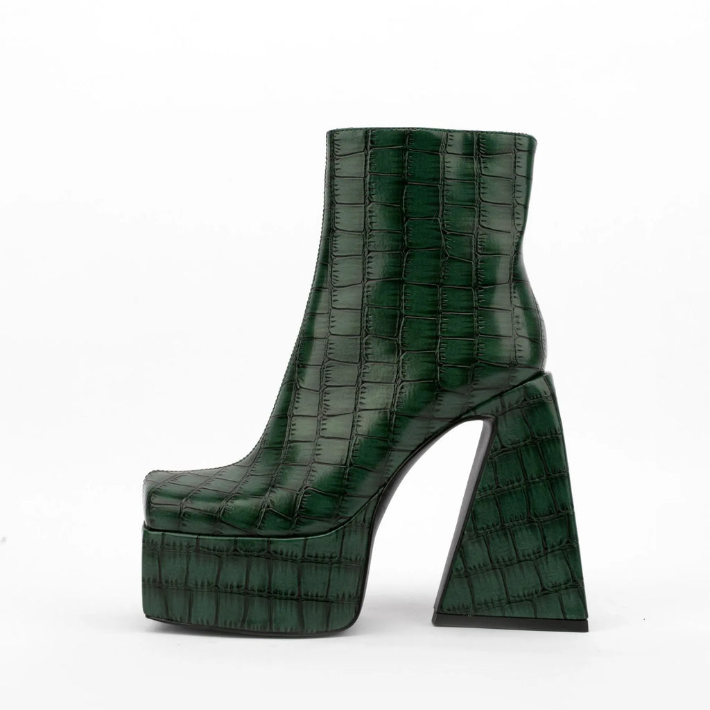 Women's ankle boots with 8cm+ heels in red, green, black, beige, or brown colours, artificial PU material
