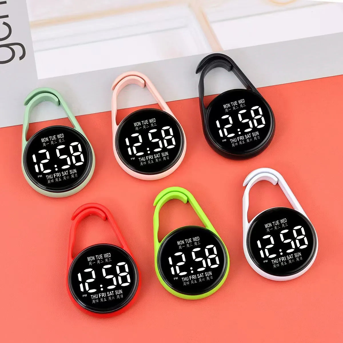 LED luminous electronic watch in black with plastic strap and digital display, showing time with waterproof rating