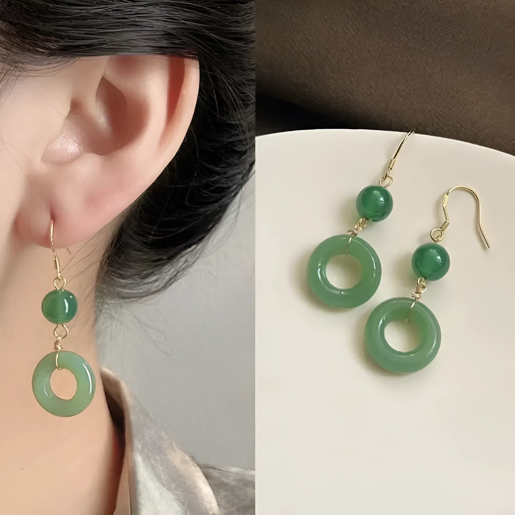 Green jade design cheongsam peace buckle earrings with geometric shape and zinc alloy construction