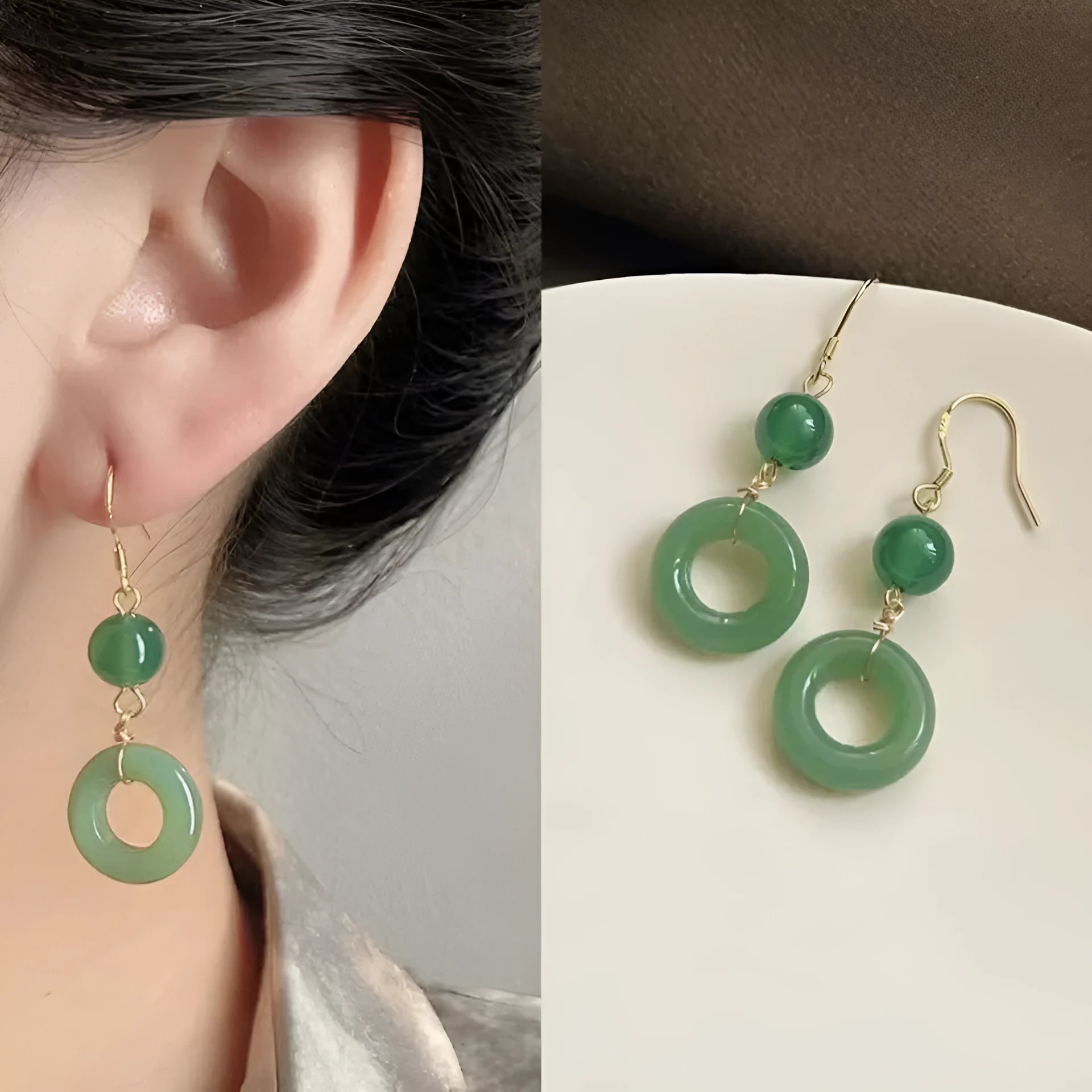 Green jade design cheongsam peace buckle earrings with geometric shape and zinc alloy construction