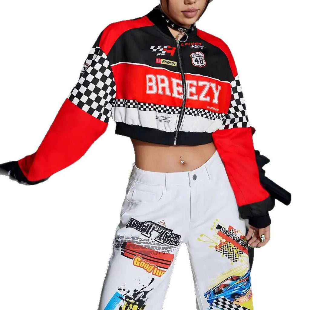 Women's loose-fit geometric pattern casual jacket in polyester with front zipper