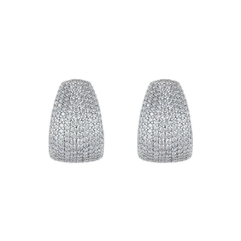 Geometric silver stud earrings with moissanite stones showing front and back views