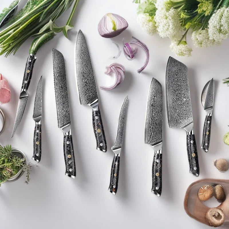 67-layer Damascus steel kitchen knife set with fishbone pattern, showing 8 knives including fruit, steak, and boning knives