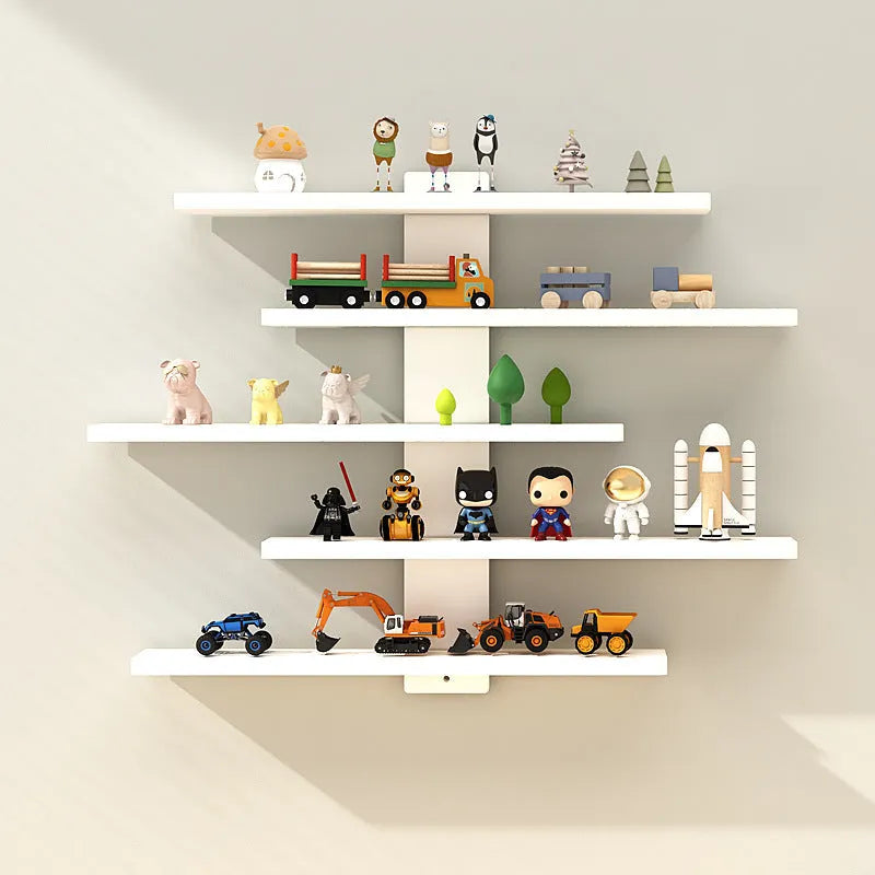White 5-tier wall-mounted PVC rack displaying a collection of blind box dolls.