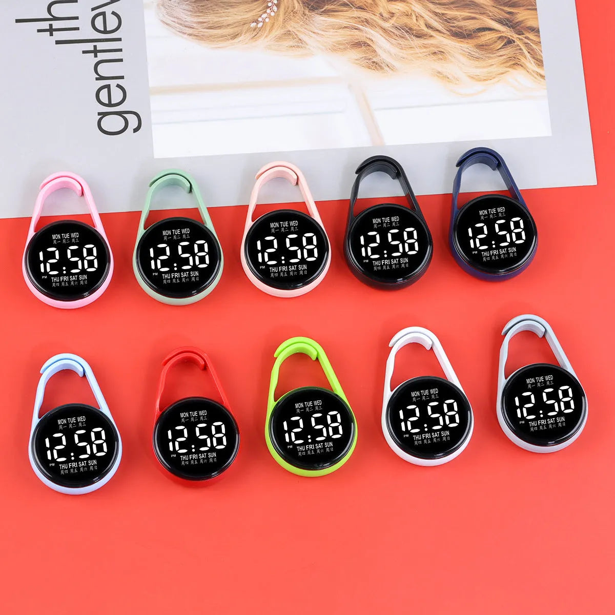 LED luminous electronic watch in black with plastic strap and digital display, showing time with waterproof rating