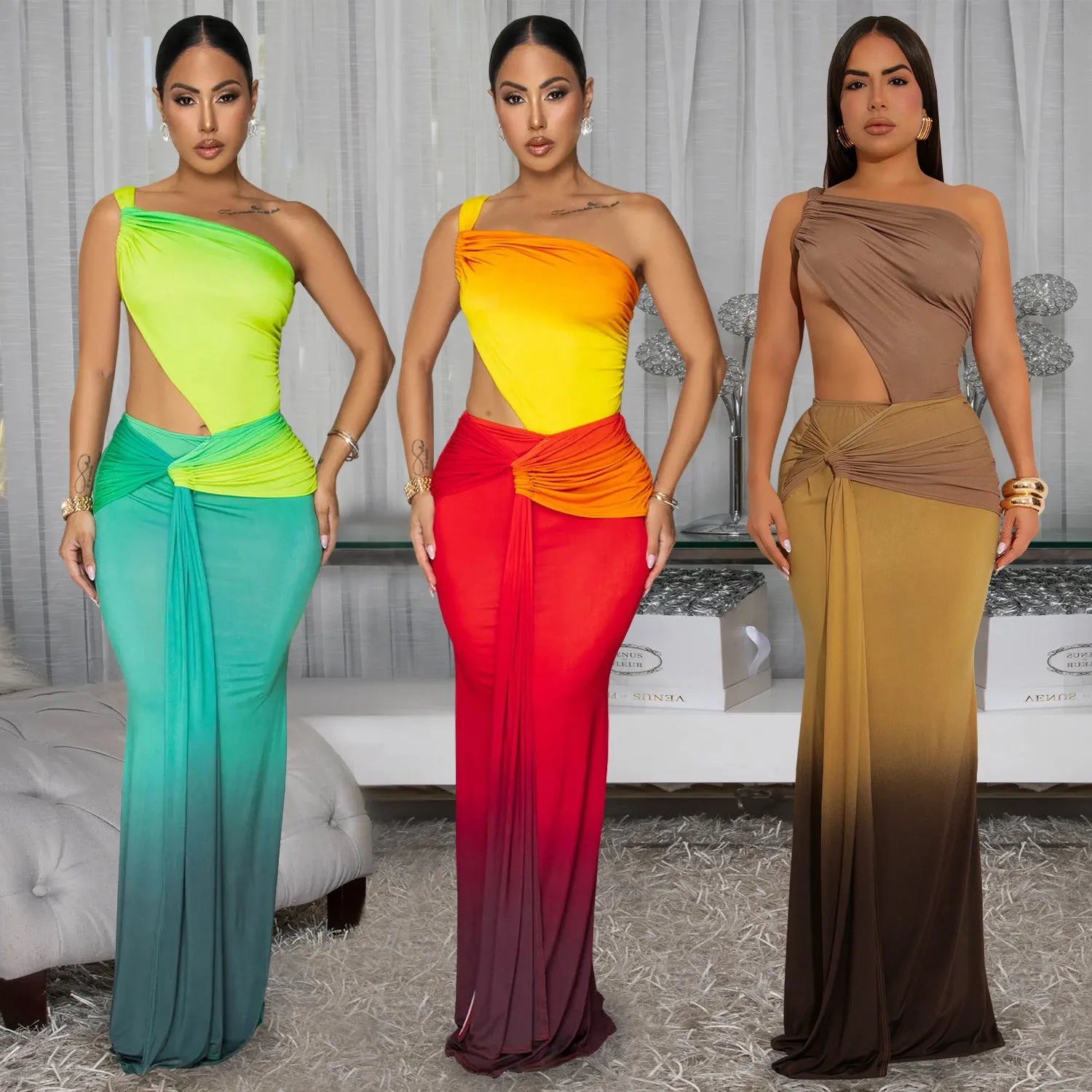 Women's cross-shoulder gradient dress with long skirt and high waist in brown colour option