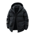 Man wearing a black Korean-style hooded cotton-padded winter coat with side pockets.