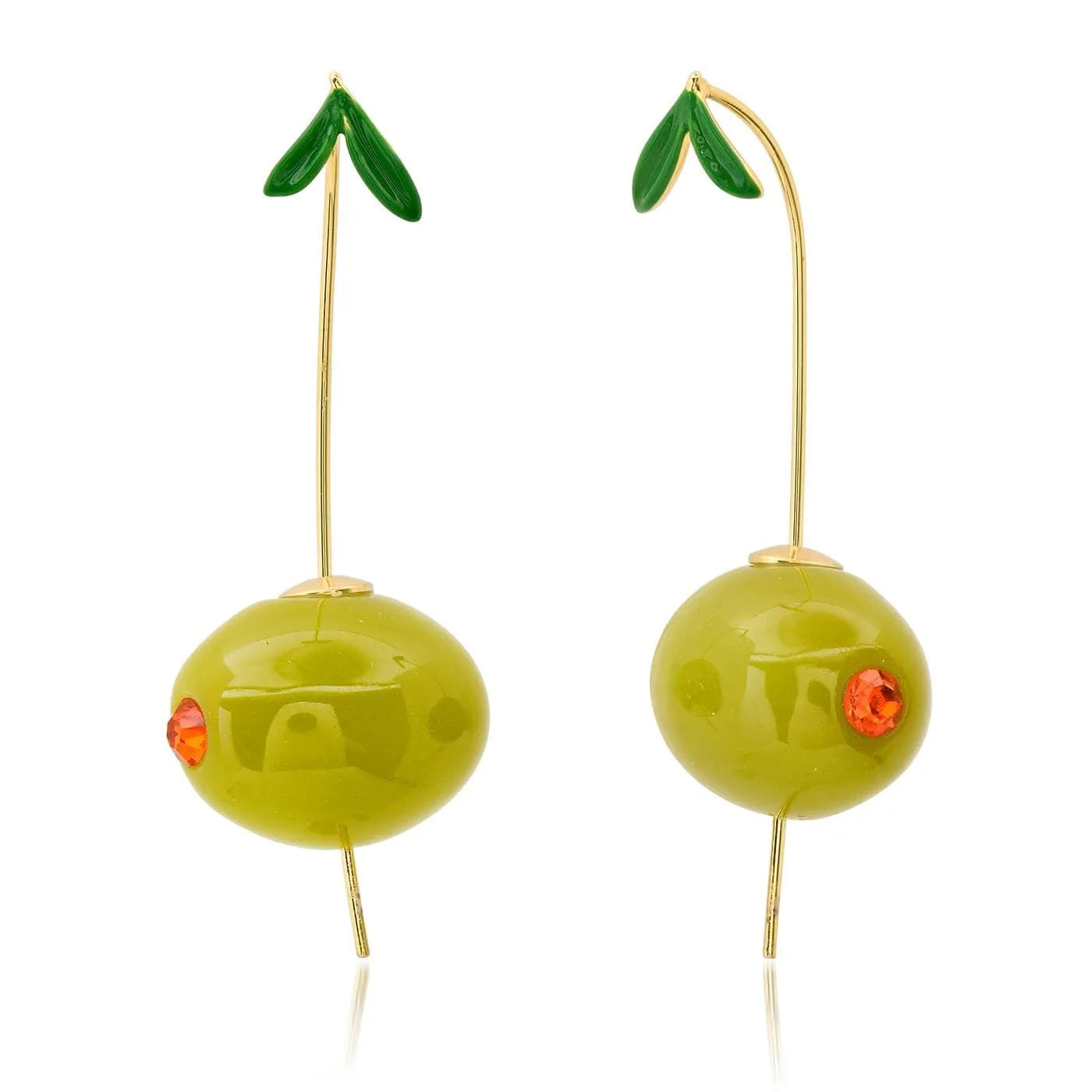 Gold plated copper earrings shaped like carrots, lemons, blueberries, olives, oranges, peaches, and chillies.