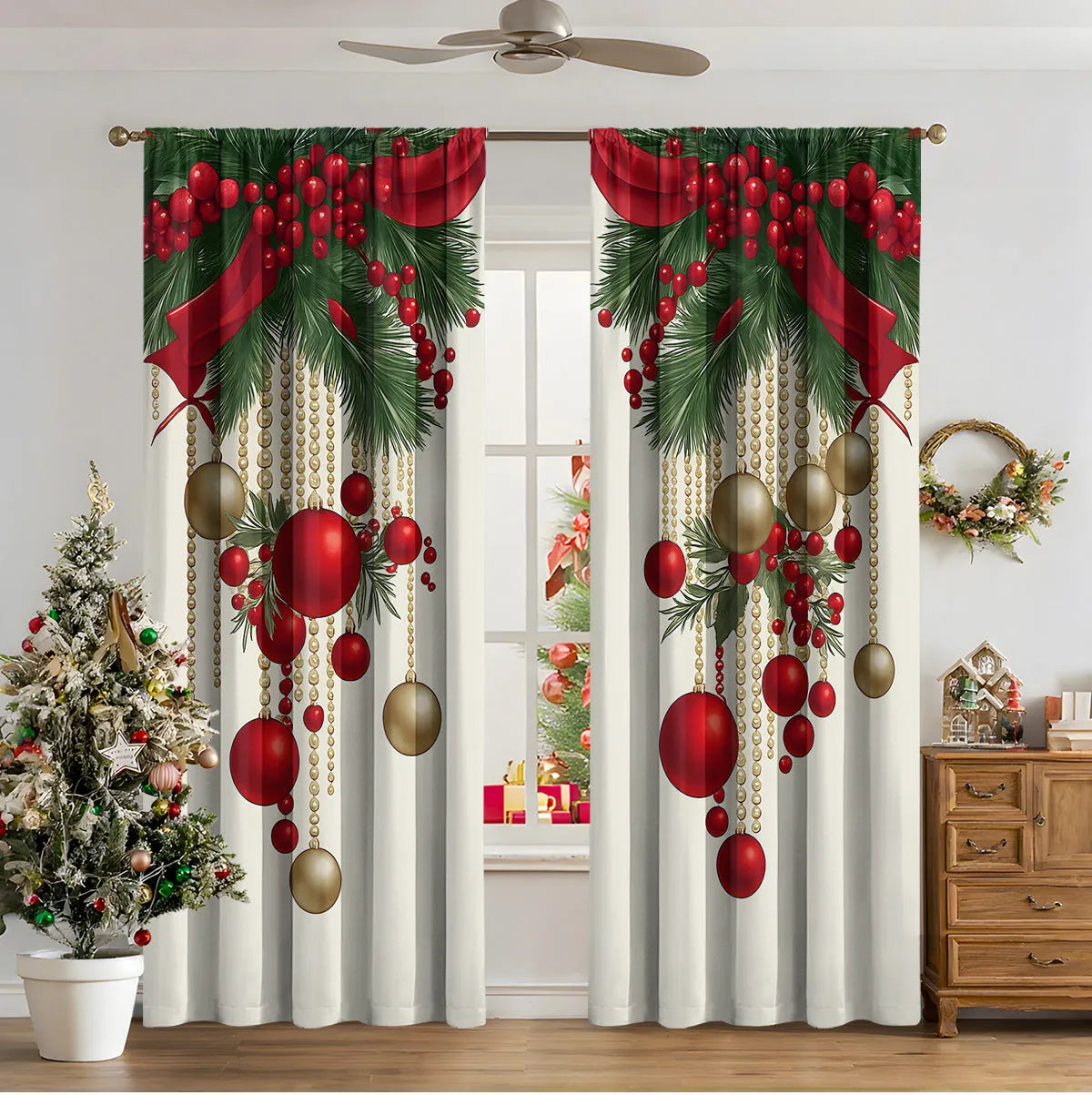 3D digital printed Christmas curtain in a European style, showing modern simplicity design and polyester fabric