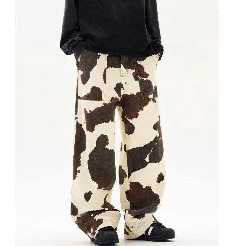 Men's straight-leg trousers with cow pattern design in American retro styling