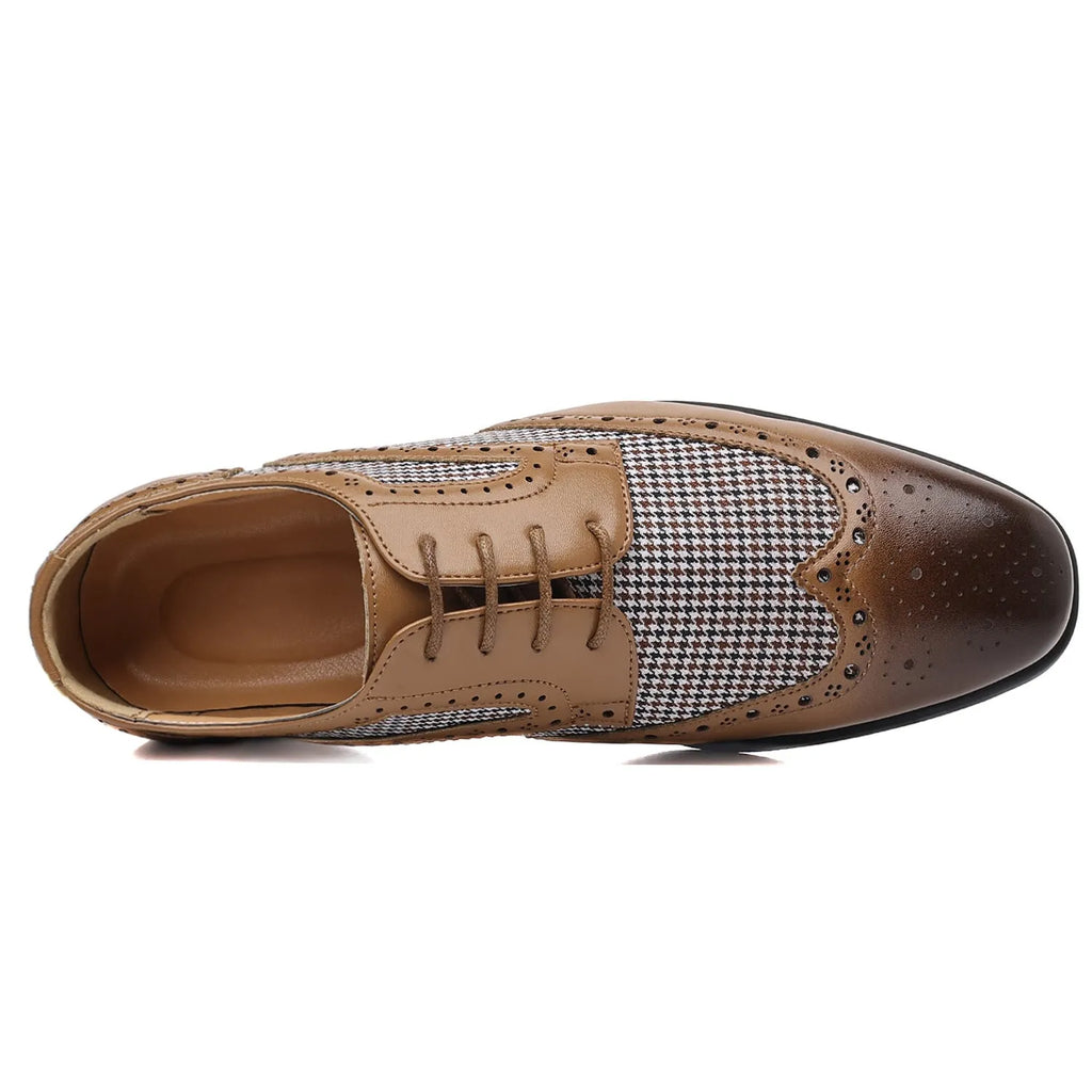 Imitation houndstooth men's casual leather shoes in plaid pattern with canvas upper and rubber sole