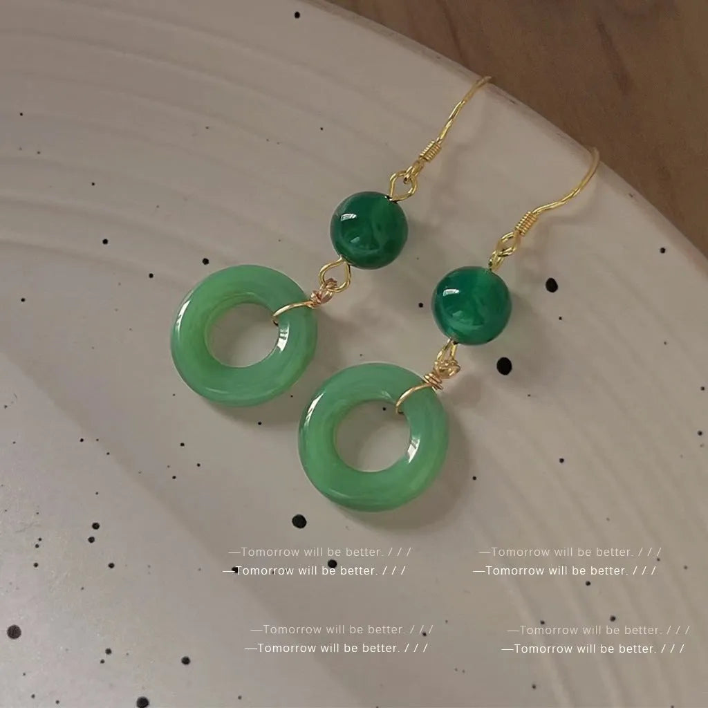 Green jade design cheongsam peace buckle earrings with geometric shape and zinc alloy construction