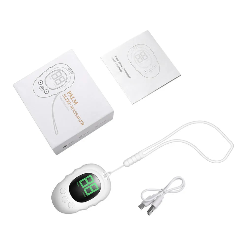 Silicone sleep aid hand grip in white, black, or green with rechargeable remote control and sleep monitor