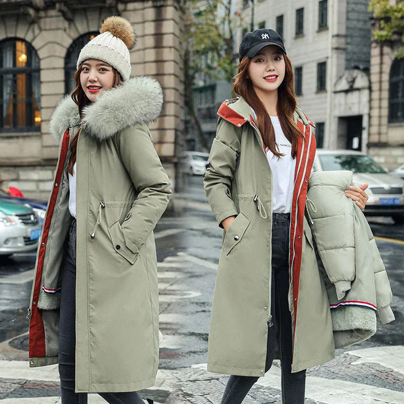 Women's long beige trench coat with down cotton filler, 100cm length, and two-way design shown in outdoor setting