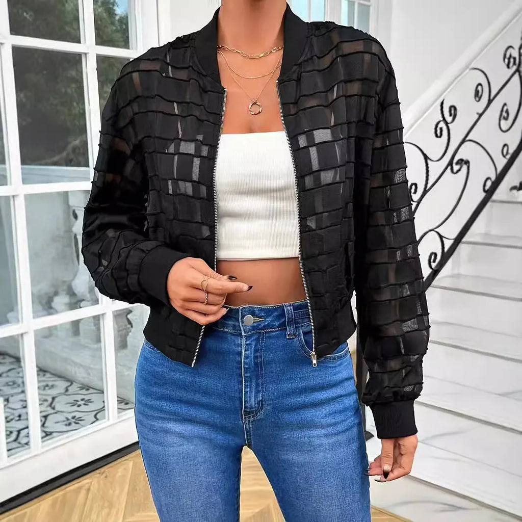 Black women's semi-transparent jacket with geometric pattern, zipper, and long sleeves for casual wear
