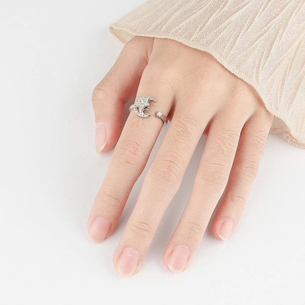 Gold micro-inlaid star moon anxiety ring with rotating zircon on adjustable copper band