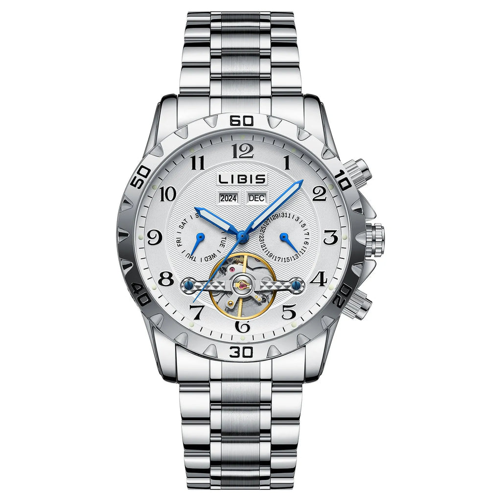 Men's silver automatic perpetual calendar watch with stainless steel strap and sapphire crystal face