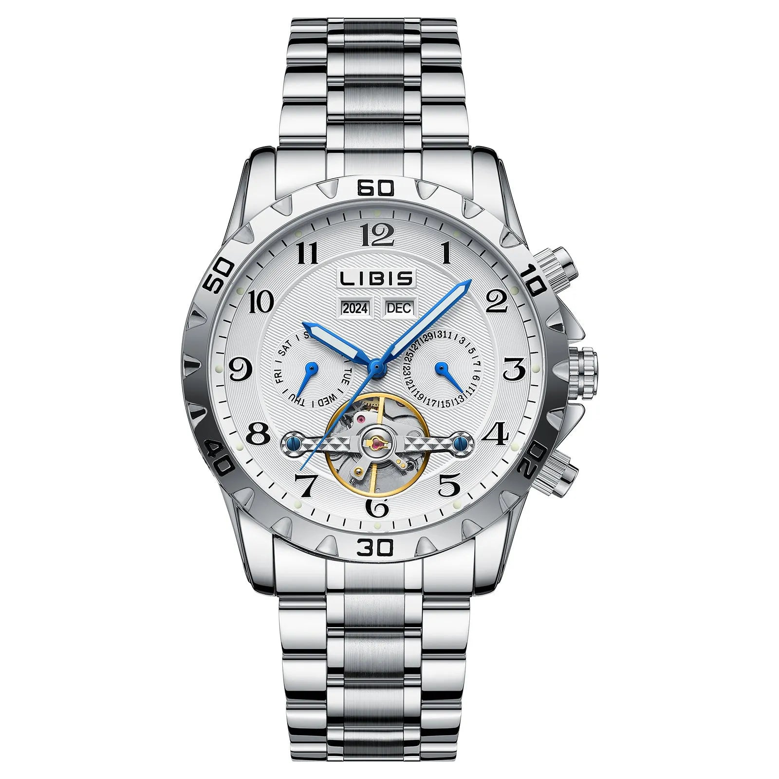 Men's silver automatic perpetual calendar watch with stainless steel strap and sapphire crystal face