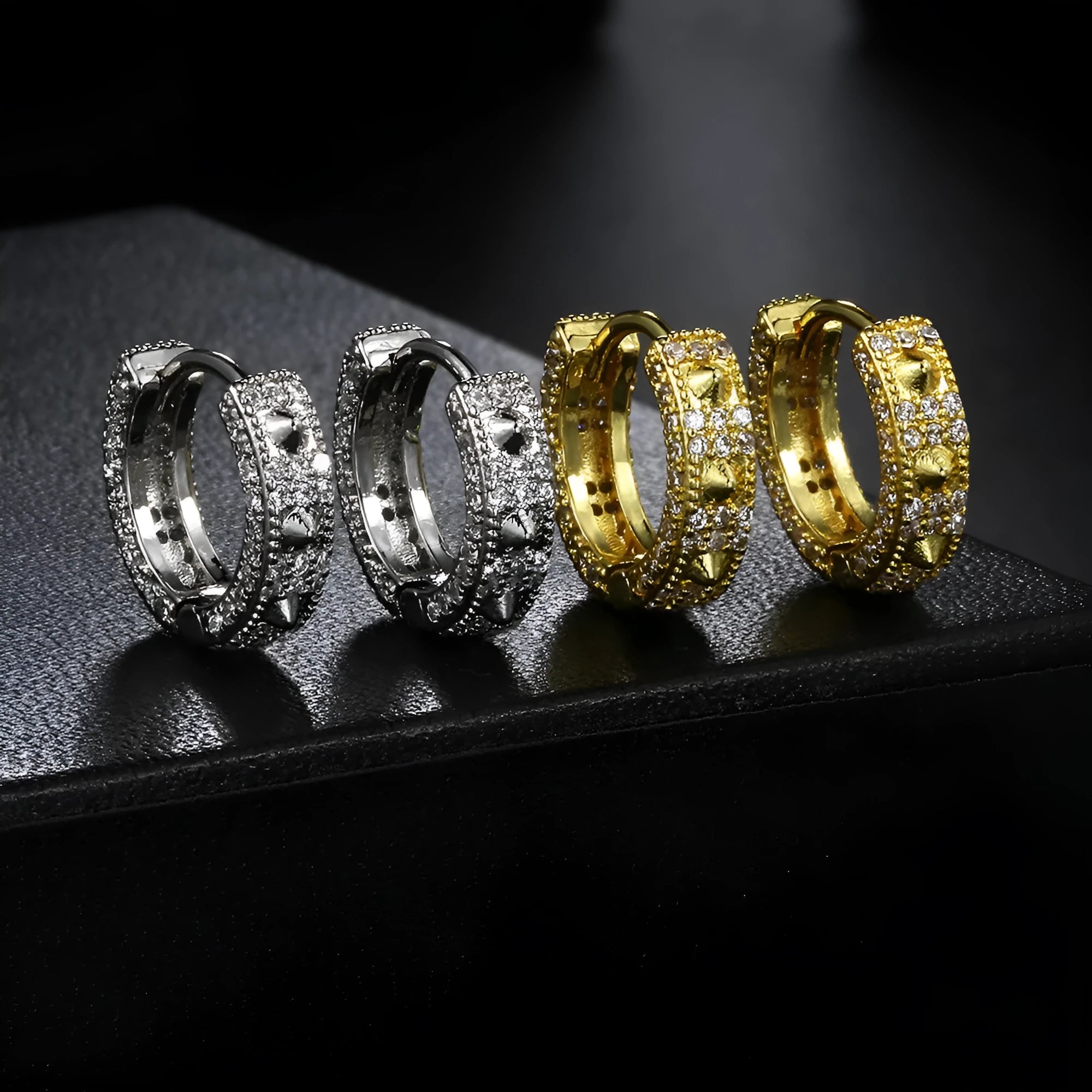 Geometric hip hop ear clips with full diamond coverage in white gold stone colour