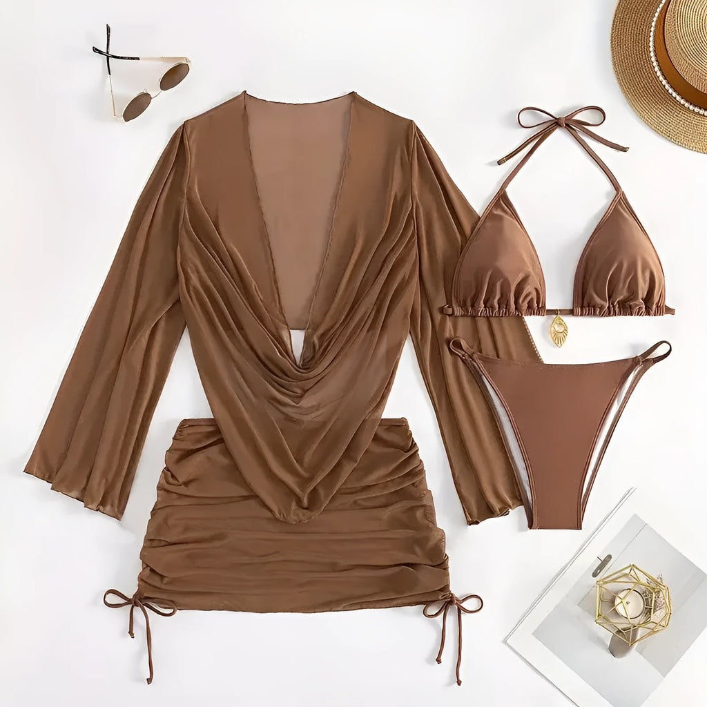 Women's dark brown lace-up bikini suit with adjustable back closure and briefs style for swimming