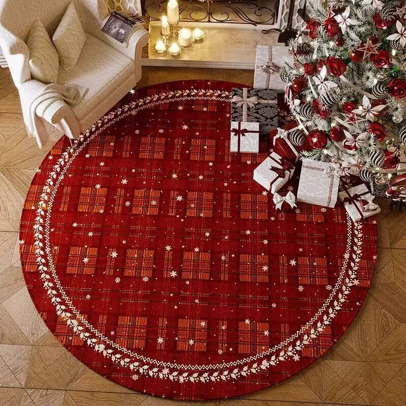 Round Christmas carpet with festive pattern and non-slip backing on wooden floor