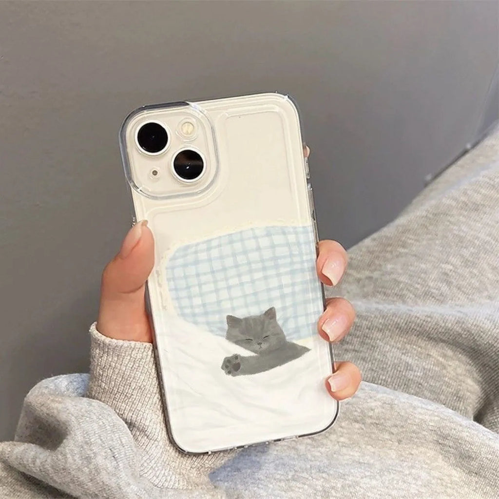Transparent Apple iPhone case with sleeping cat pattern showing phone protection features