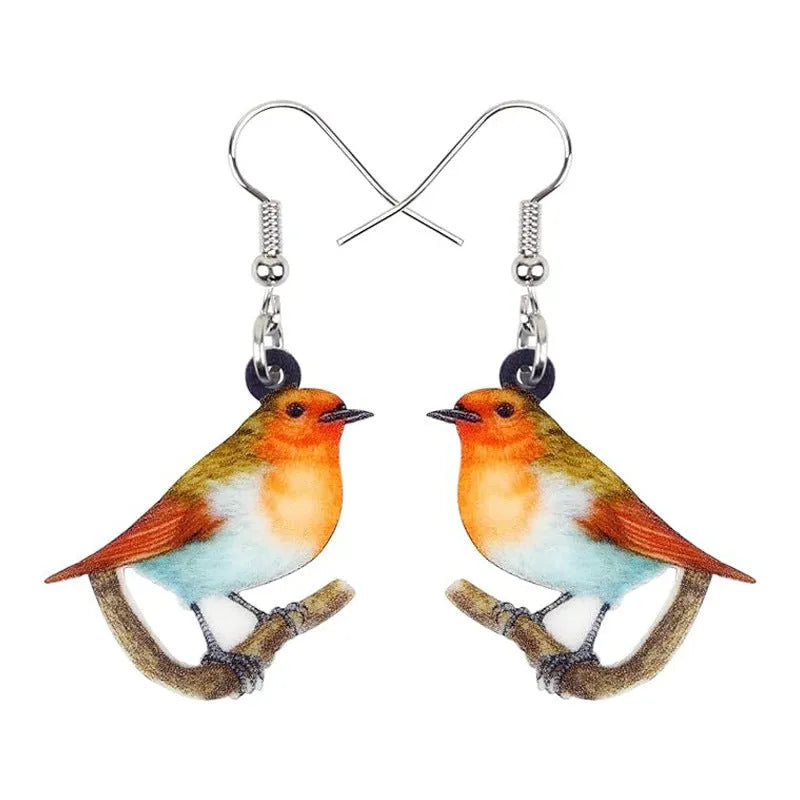Acrylic geometric earrings with blue titmouse pendant design and snake element accents