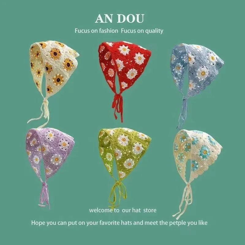 Cotton triangle shawl with floral pattern showing 110cm sides, tied as headscarf