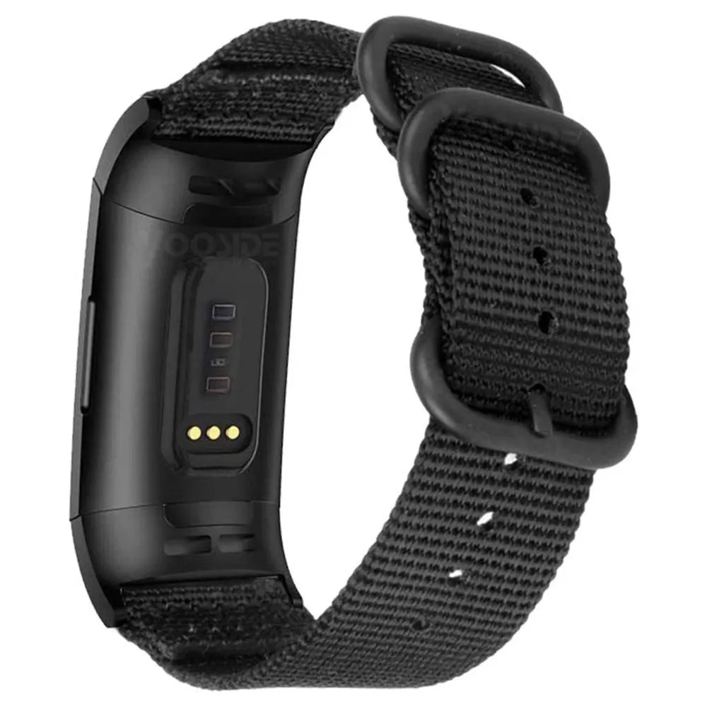 Army Green nylon three-ring buckle strap for Fitbit Charge 3 and Charge 4 fitness tracker.
