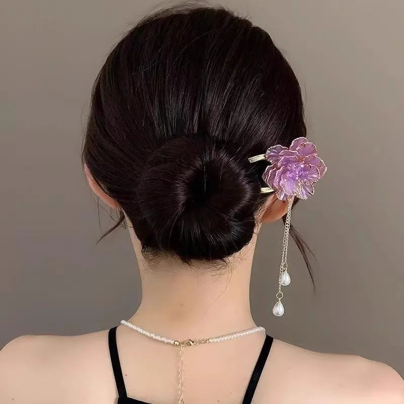 Purple and white peony flower tassel U-shaped hairpin with 6cm alloy design