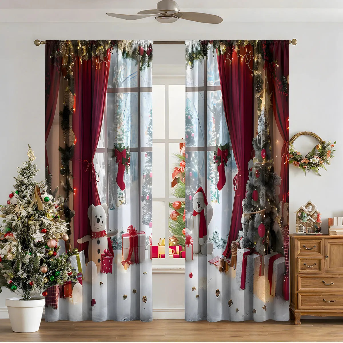3D digital printed Christmas curtain in a European style, showing modern simplicity design and polyester fabric