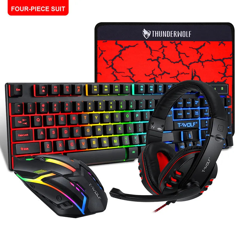 Thunder Wolf T800 wired keyboard and mouse set with headset and mouse pad on desktop