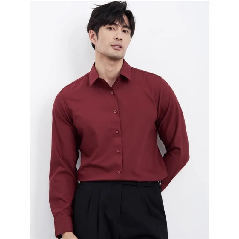 Men's wine red slim fit casual shirt with long sleeves and non-ironing treatment
