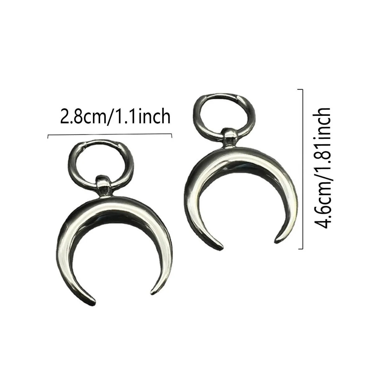Silver geometric hoop earrings with moon detail, punk-style gothic design, ear clip fastening