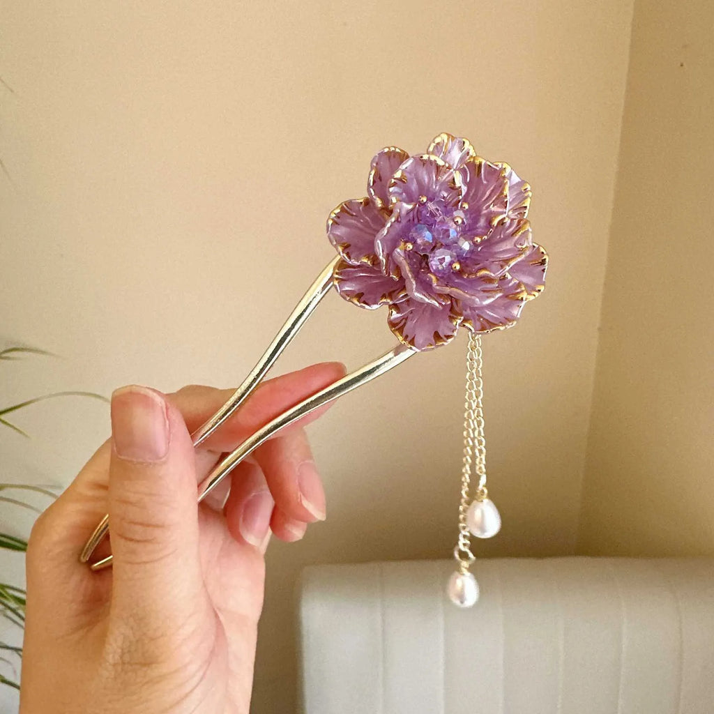Purple and white peony flower tassel U-shaped hairpin with 6cm alloy design