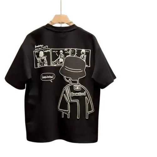 Men's white cartoon print cotton T-shirt with short sleeves and slim fit