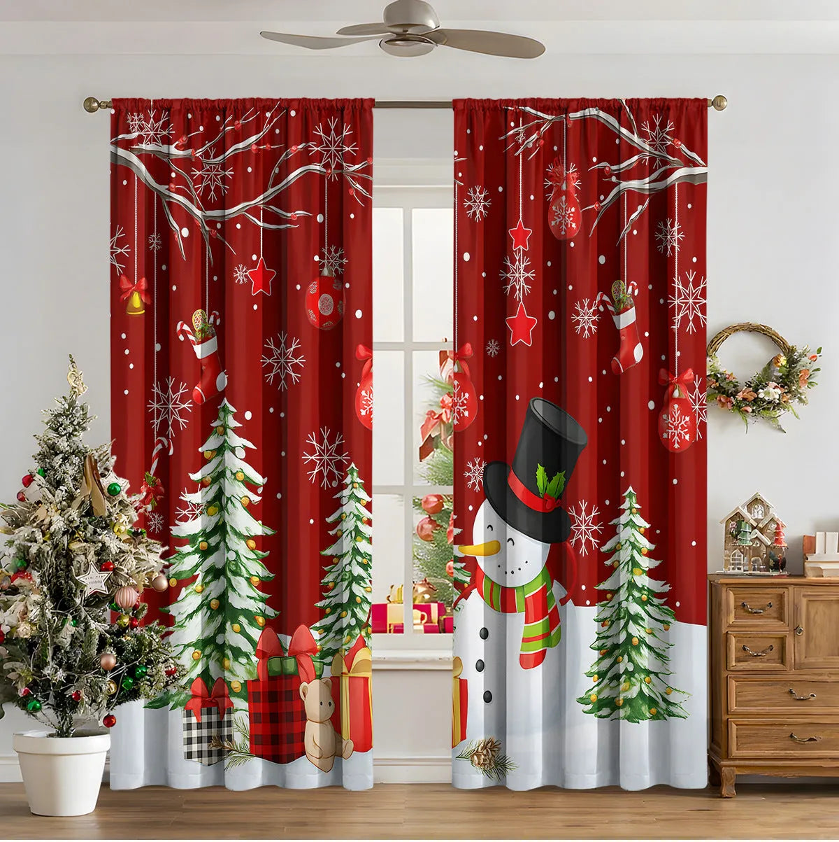 3D digital printed Christmas curtain in a European style, showing modern simplicity design and polyester fabric