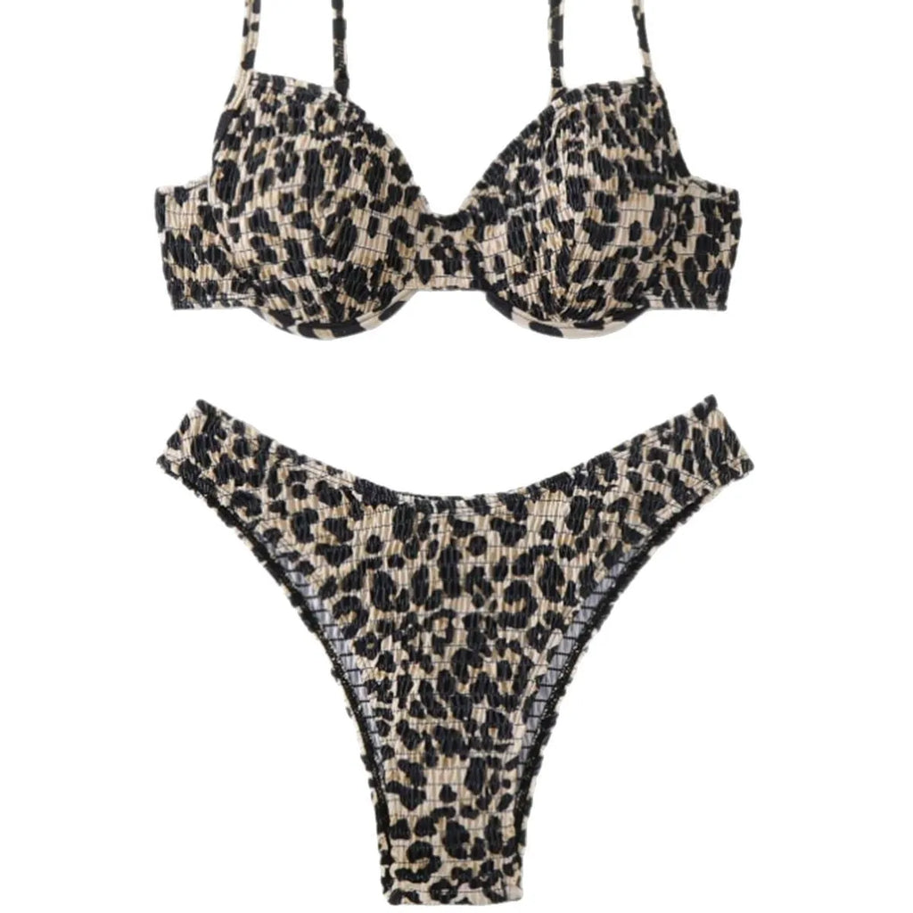 Leopard point bikini swimsuit with backless design in brown mixed colour, showing front and rear views