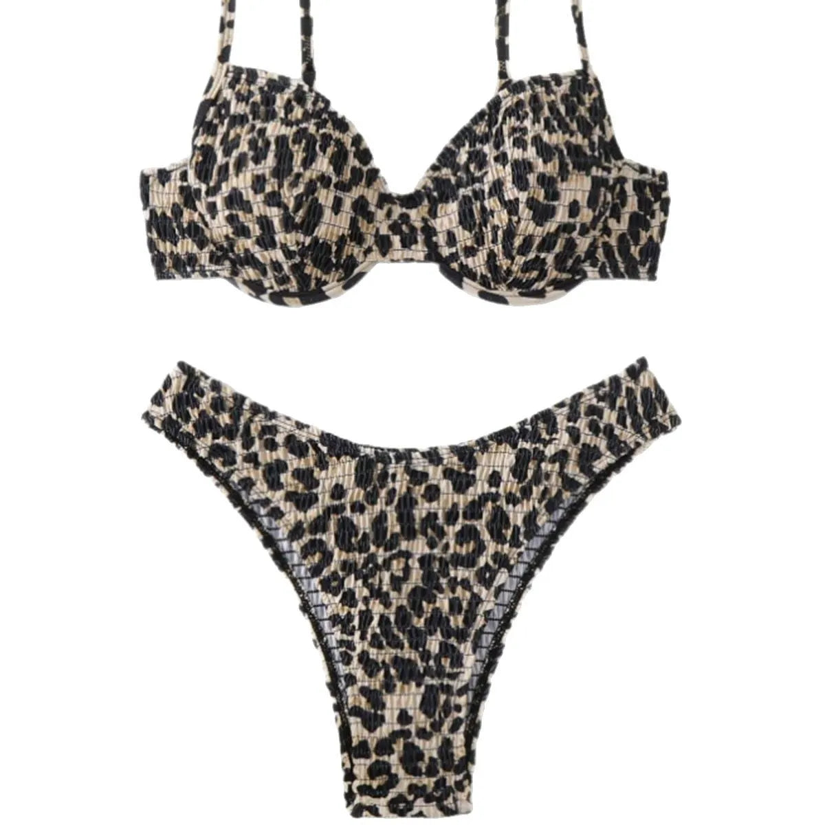 Leopard point bikini swimsuit with backless design in brown mixed colour, showing front and rear views