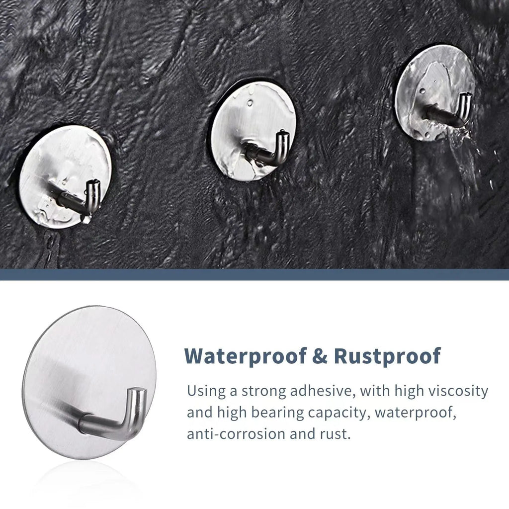 Black and polished stainless steel self-adhesive hooks for bathroom and kitchen organisation with 3kg load capacity