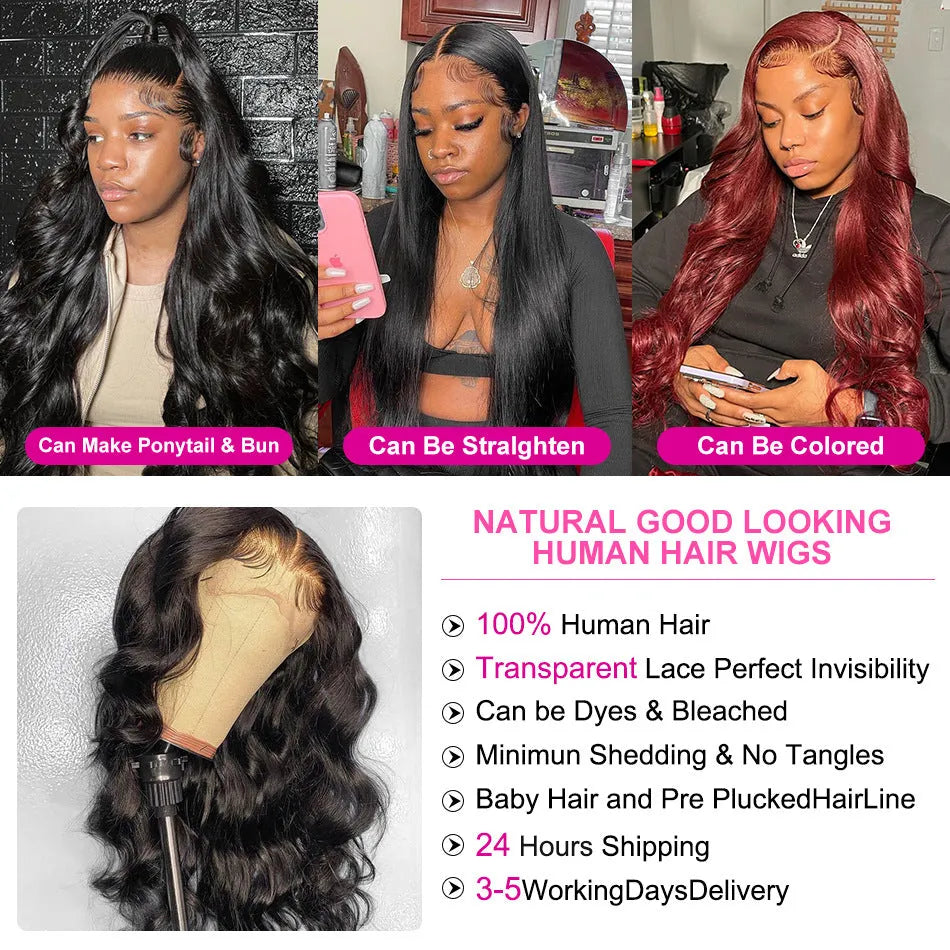 Black synthetic front lace wig with long curly hair and side bangs, showing natural hairline and 180% density
