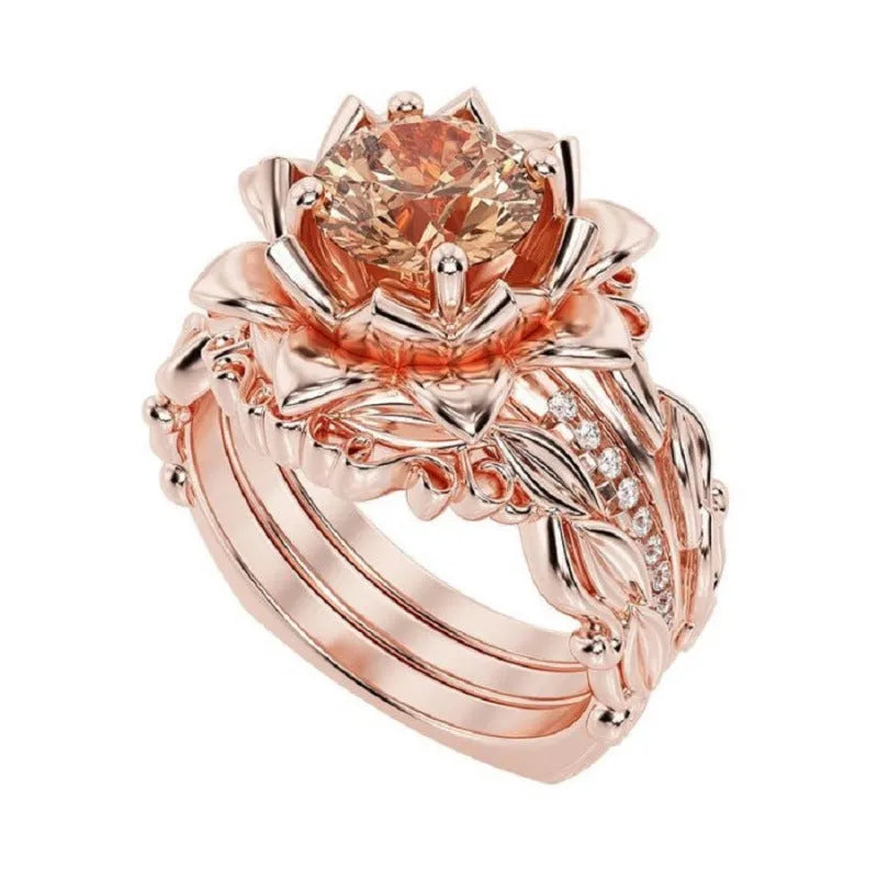 Women's electroplated alloy ring with geometric rose flower design and zircon stone inlay.