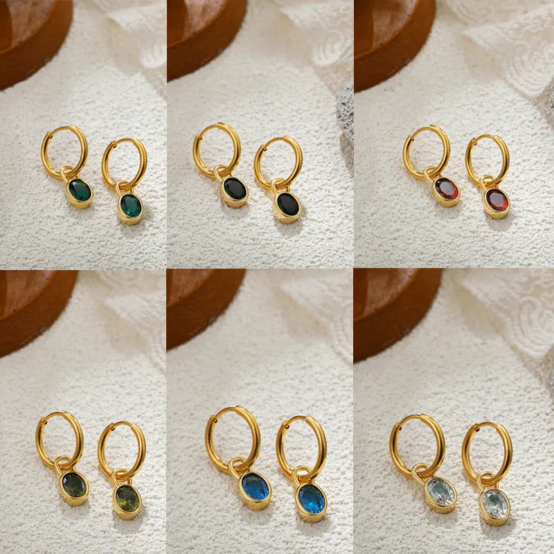 Women's retro oval zircon earrings in six colours including emerald and army green, copper construction