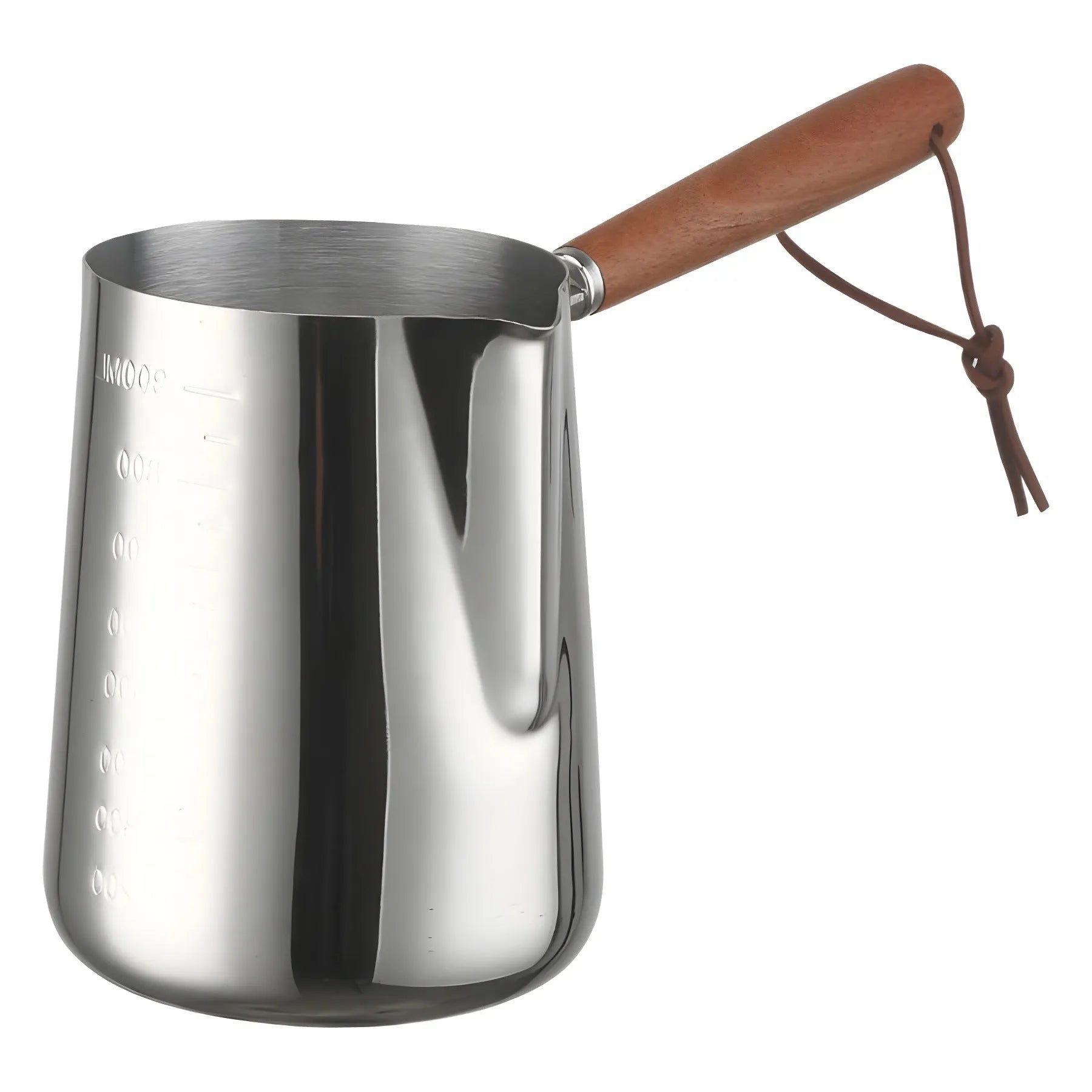 Stainless steel coffee cup with wooden handle and scale markings in 350ml, 600ml, or 1000ml capacity