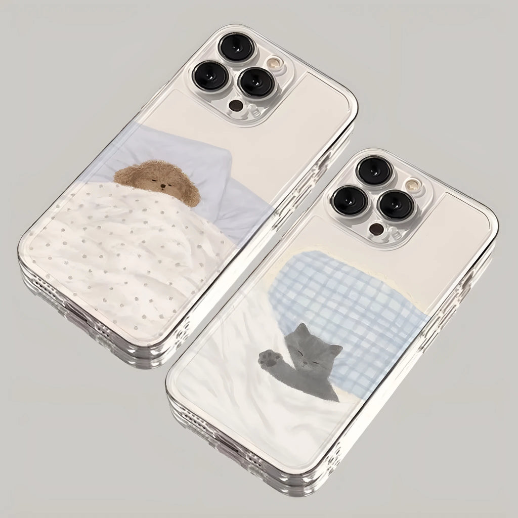 Transparent Apple iPhone case with sleeping cat pattern showing phone protection features